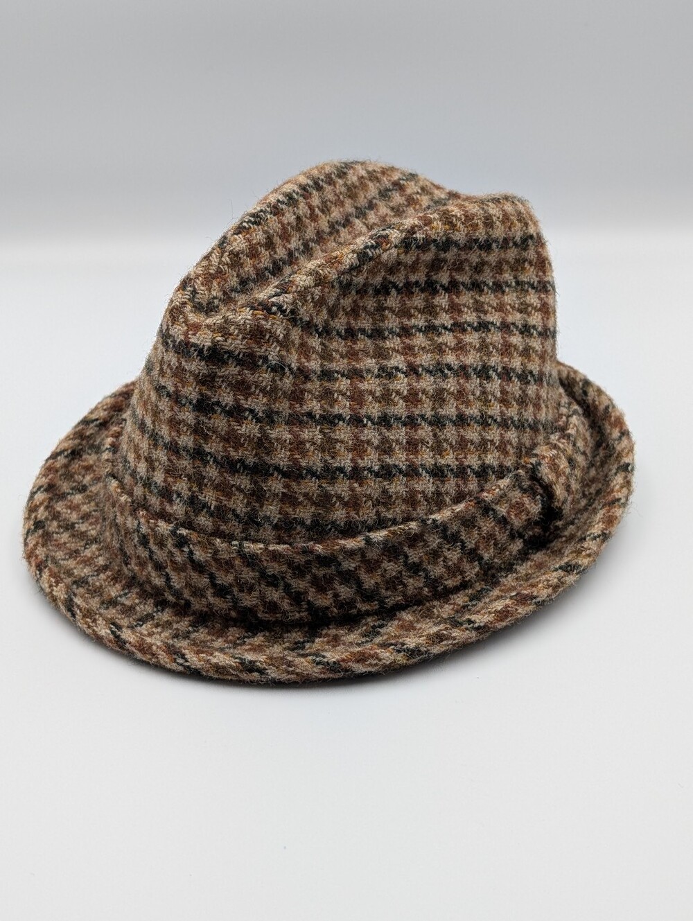Vintage 1970s Harris Tweed Brown Houndstooth Trilby Fedora Hat Size 7